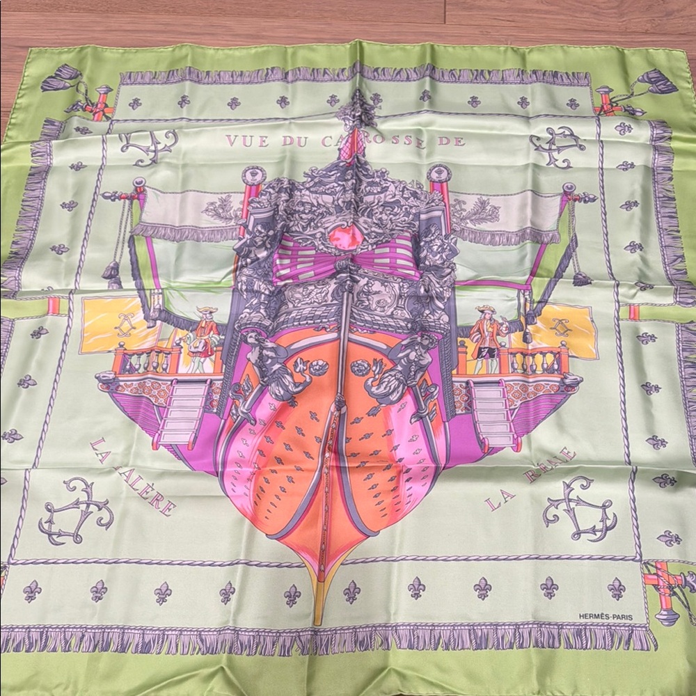 Hermès Silk Scarf with Green and Orange Design
